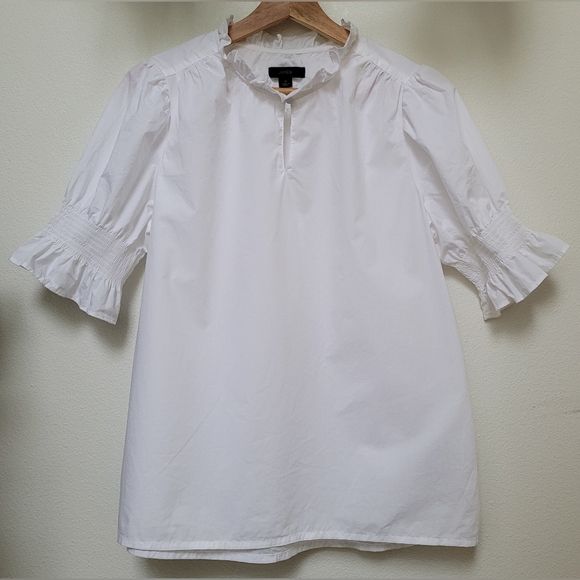 J. Crew 100% Cotton Poplin Puff-Sleeve Ruffle Collar Top, White - Picture 3 of 12